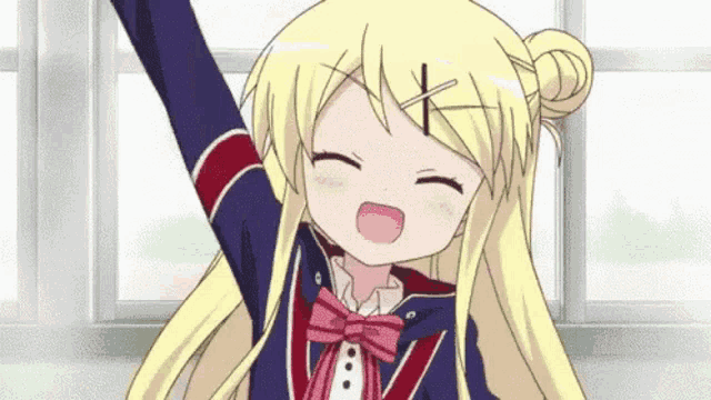 a cartoon girl with blonde hair and a bun is raising her arms in the air .