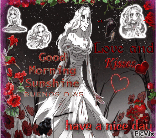 a picture of a woman in a white dress with the words good morning sunshine buenos dias