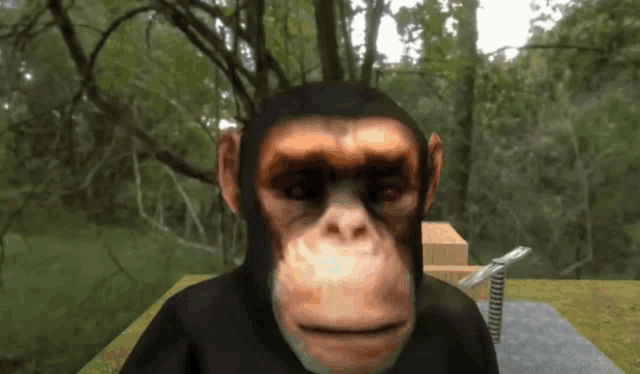a computer generated image of a chimpanzee looking at the camera with trees in the background