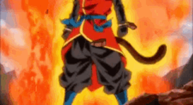 a dragon ball z character is standing in front of a fireball .