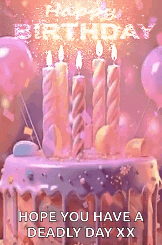 a birthday cake with candles and balloons on it and the words `` hope you have a deadly day xx ''
