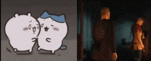 a cartoon of two cats standing next to each other and a blurry picture of a man