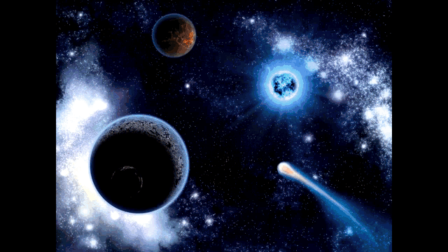 a cartoon of a cat in space with planets and stars