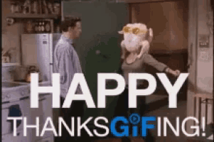 a man and woman are standing in a kitchen with the words happy thanksgiving written on the bottom