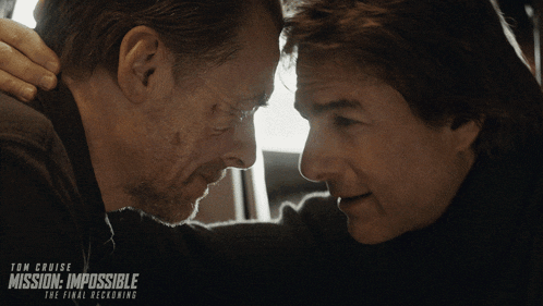 a movie poster for mission impossible the final reckoning shows two men looking at each other