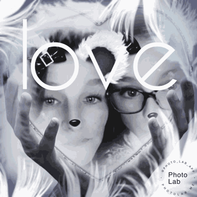 a black and white photo of two people with the word love written above them