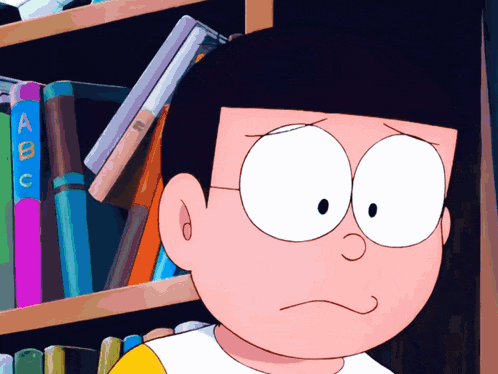 a cartoon character is standing in front of a bookshelf with books on it that say abc