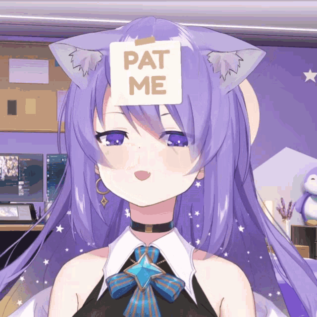 a girl with purple hair has a pat me sign on her head