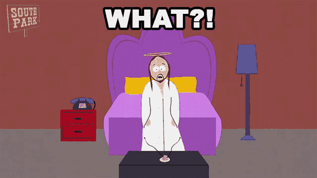a cartoon of jesus sitting in front of a bed with the words " what ? " above him