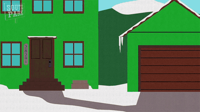 a cartoon drawing of a green house with the number 28201 on the door