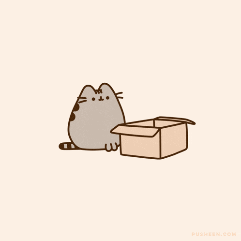 a cartoon of a cat jumping out of a box with the website pusheen.com written below it