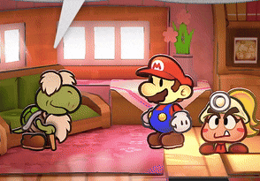 a cartoon of mario talking to a turtle and a girl