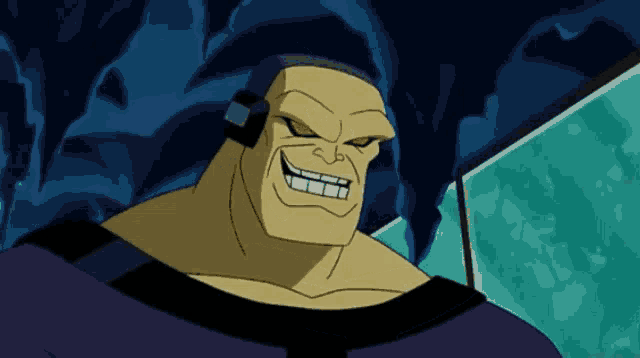 a cartoon character wearing headphones is smiling in a dark room