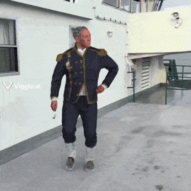 a man in a military uniform is walking on a deck with a viggle.ai logo in the corner