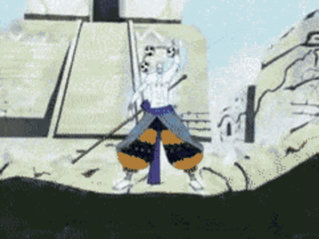 a drawing of a samurai holding a sword in front of a pyramid