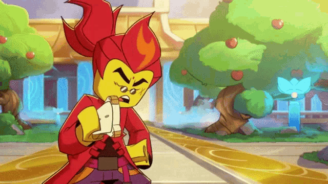 a cartoon character with red hair is standing in front of trees