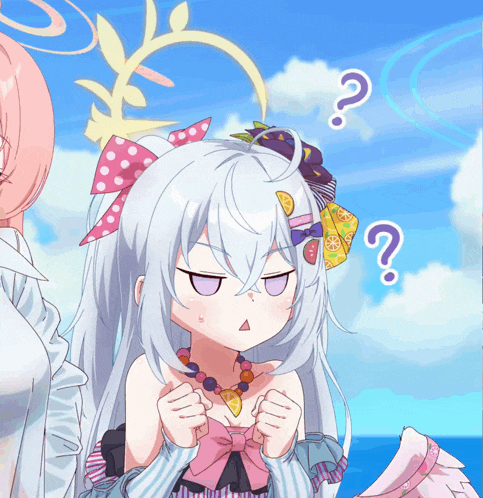 a girl with white hair has a question mark on her head
