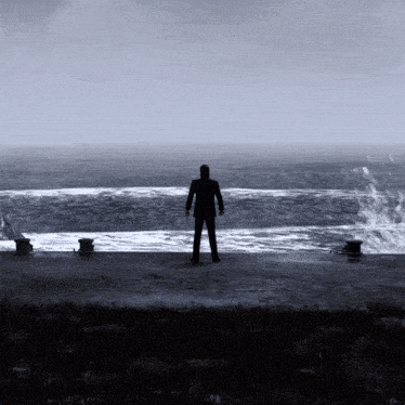 a man in a suit is standing on a dock looking at the ocean