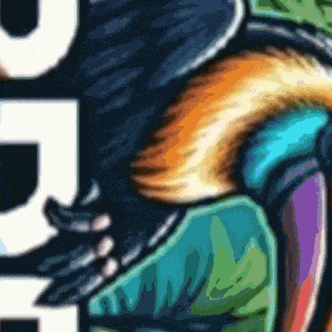 a close up of a colorful drawing of a person with a rainbow colored tail