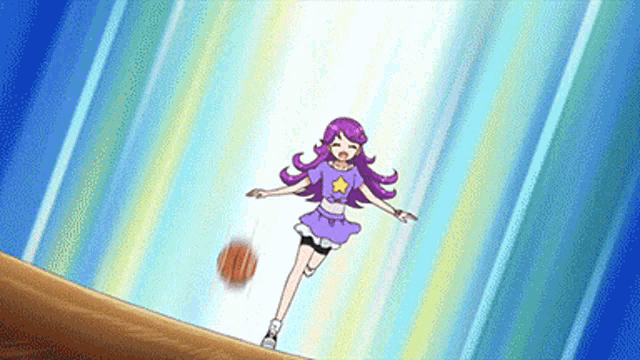 a girl with purple hair is running with a basketball