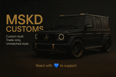 a black mercedes with the words ' mskd customs ' on the bottom