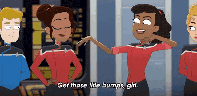 a group of cartoon characters are standing next to each other and one of them says get those little bumps girl