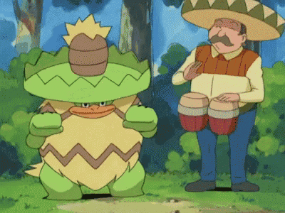a man in a sombrero is playing drums next to a green monster