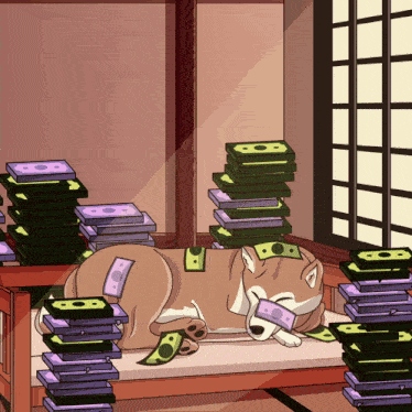 a dog is laying on a bed surrounded by stacks of money with the numbers 8 on them