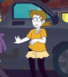 a cartoon girl wearing glasses and a yellow shirt stands in front of a truck