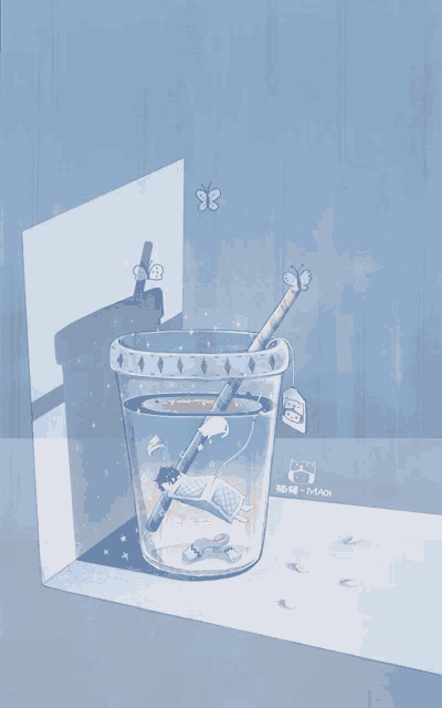 a drawing of a person floating in a glass of water with the name mao on the bottom