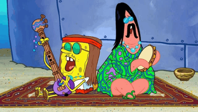 a cartoon of spongebob playing a guitar and patrick playing a drum