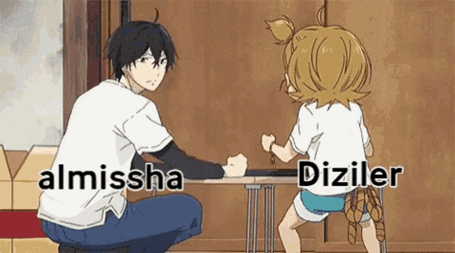 a man and a girl are sitting at a table with the words " almissha " and " diziler " above them