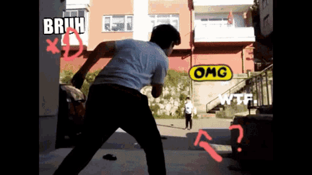 a man in a white shirt is standing in front of a building with a sign that says omg