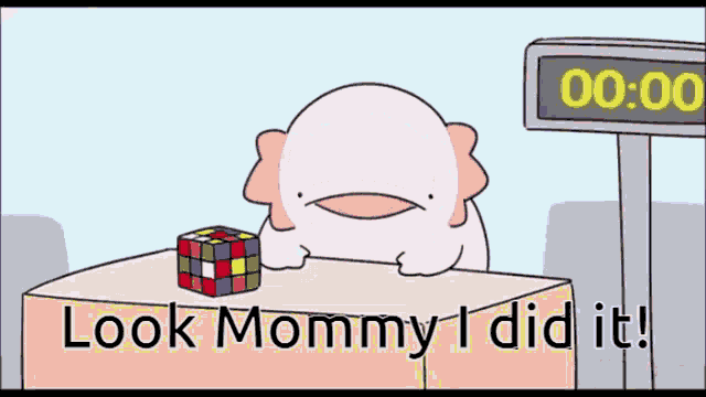 a cartoon of an axolotl sitting at a table with a rubik 's cube on it