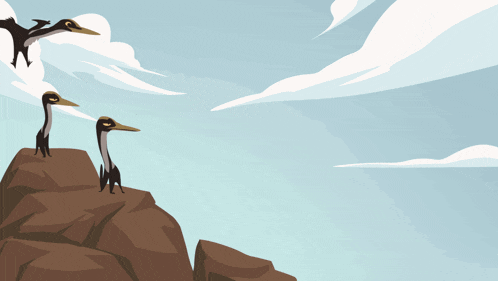 a cartoon illustration of birds standing on a rocky cliff