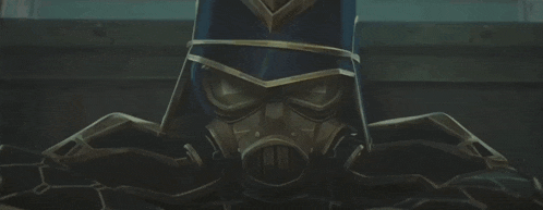 a cartoon character wearing a gas mask is holding a knife in his hand .
