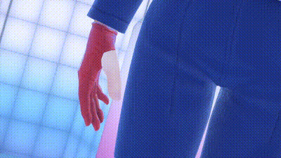 a person wearing a blue suit and red gloves is standing next to a woman wearing a pink dress .