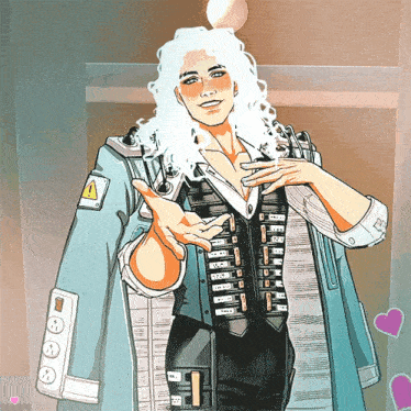 a cartoon drawing of a man with white hair and a warning sign on his chest