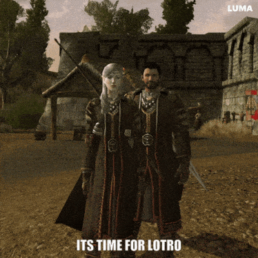 a man and a woman standing next to each other with the caption " its time for lotro " above them