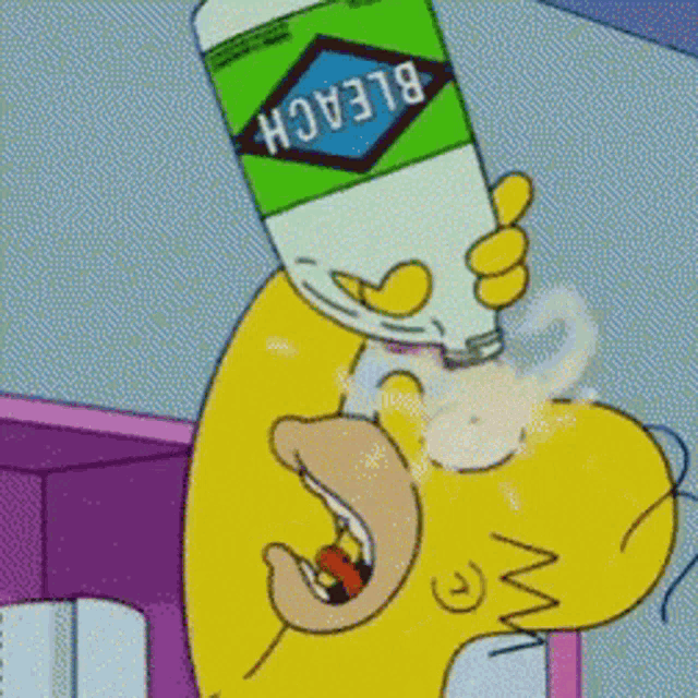 homer simpson is holding a bottle of bleach in his mouth