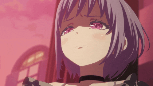 a girl with purple hair and pink eyes is looking down