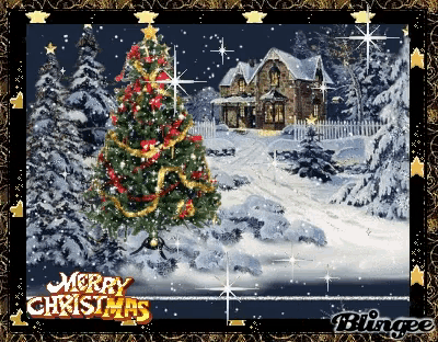 a merry christmas greeting card with a christmas tree in the snow