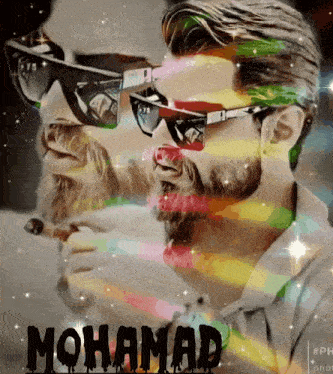 a man with a beard wearing sunglasses has the name mohamad on the bottom