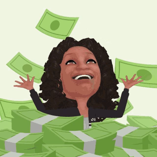 a cartoon of a woman surrounded by money with one dollar bills flying in the air
