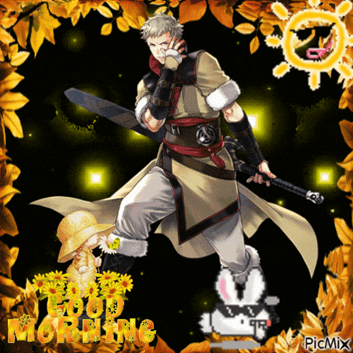 a picture of a man holding a sword with the words good morning on the bottom