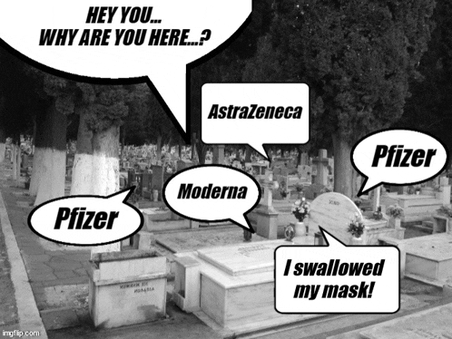 a cemetery with a speech bubble that says astrazeneca