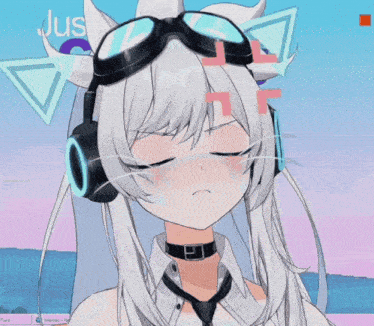 a girl wearing headphones and goggles with the word just above her head