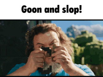 a man with a beard is holding a piece of wood with the words goon and stop below him