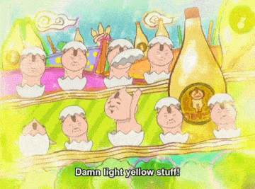a cartoon says squiggly and squirty with a yellow bottle in the background
