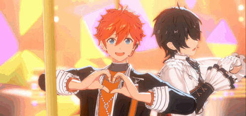 two anime characters are standing next to each other and making a heart shape with their hands .